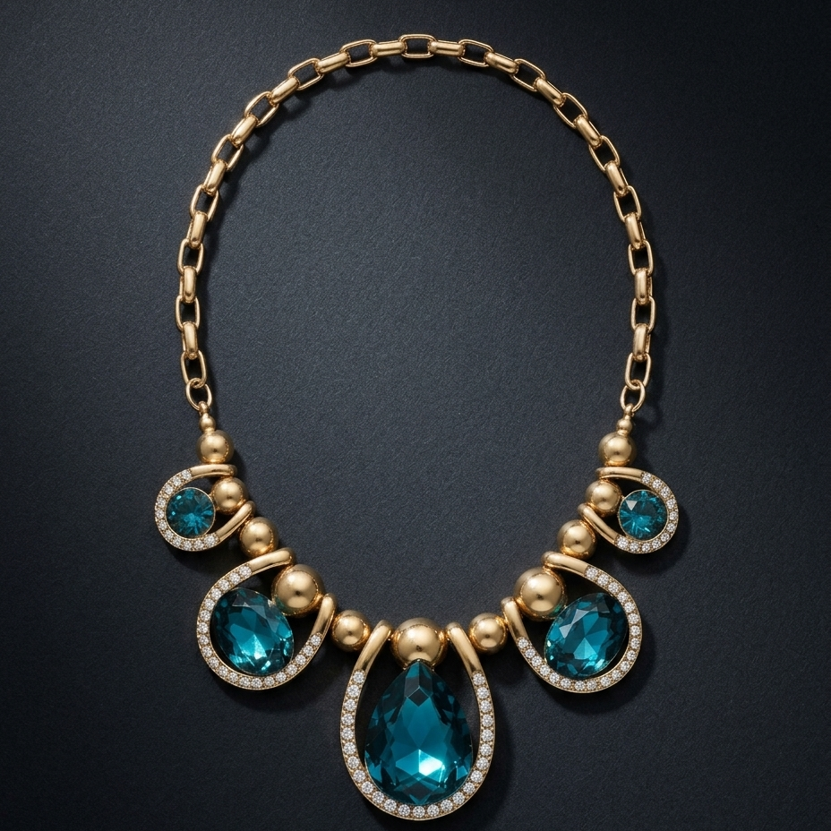 A gold chain necklace with a statement bib-style pendant featuring large and small teal-blue gemstones and clear accent stones, displayed on a dark textured background.