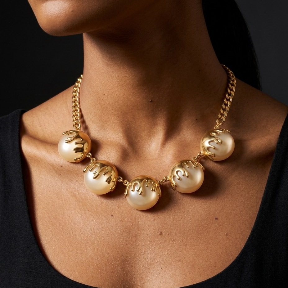 A gold chain necklace with five large, glossy, pearlescent cream-colored beads, worn by a model in a black top against a dark background.