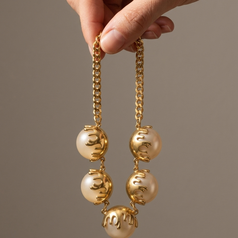 A gold chain necklace with five large, textured cream-colored pearls, held by a hand against a solid taupe background.