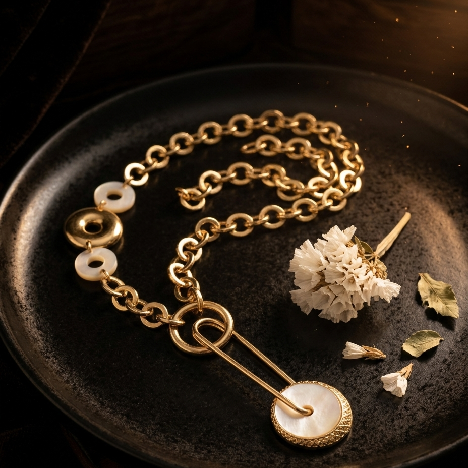 A gold chain necklace with three white circular beads and a large round white pendant, styled on a dark textured plate with dried flowers.