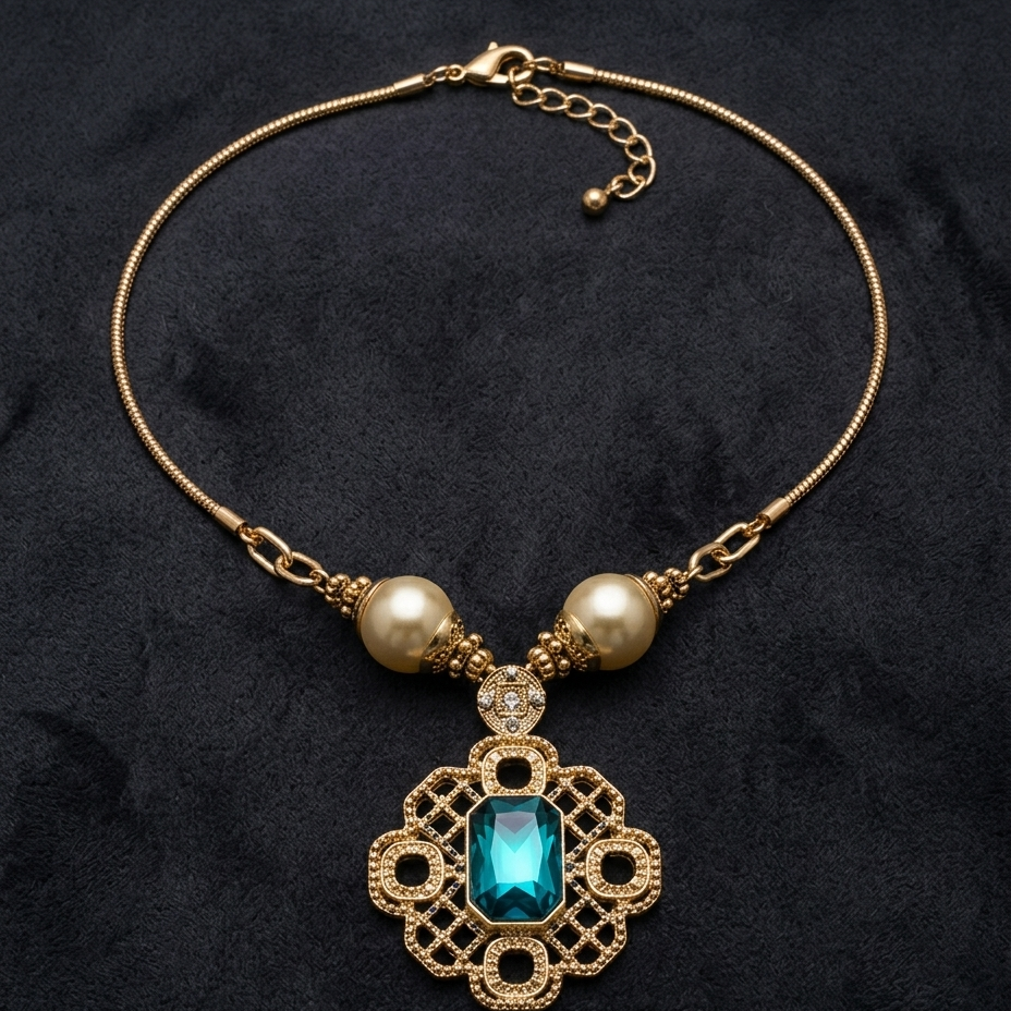 A gold chain necklace with two cream pearl beads, a small clear crystal accent, and a central gold filigree pendant featuring a rectangular teal-blue gemstone, displayed on a dark textured background.