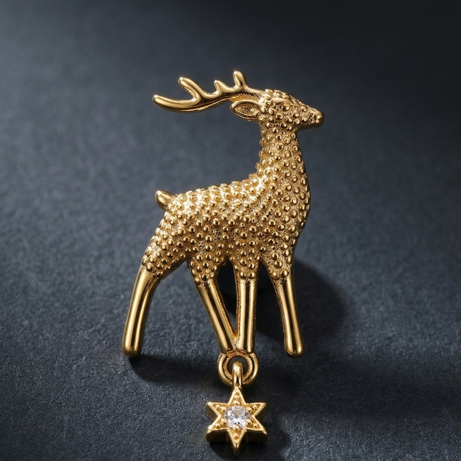 A gold deer-shaped brooch with a textured beaded finish and a dangling star charm, photographed on a dark gray background.