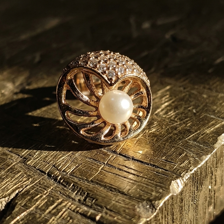 A gold ring with a central white pearl and a textured, sunburst-like openwork design, resting on a metallic gold surface under dramatic, warm lighting.