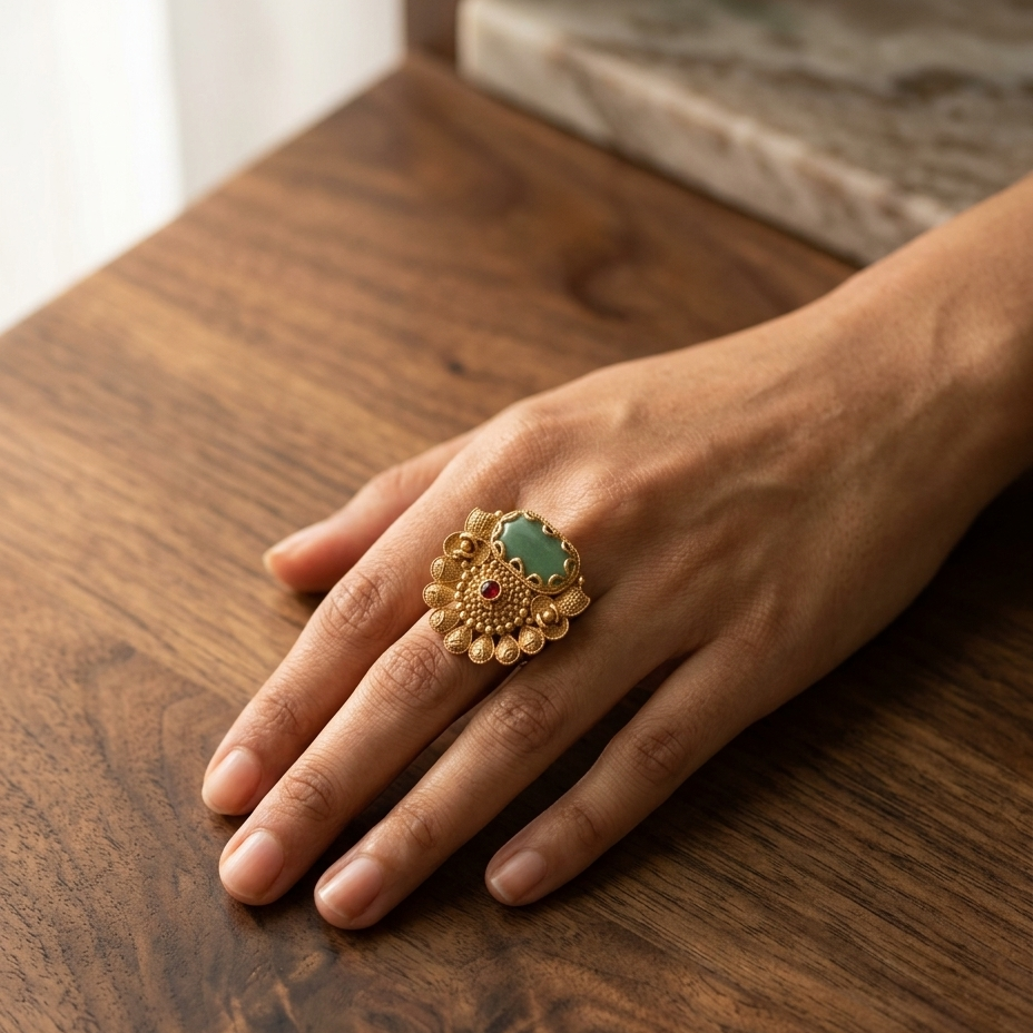 A gold ring with a green stone and small red accent, worn on a person's hand resting on a wooden table.