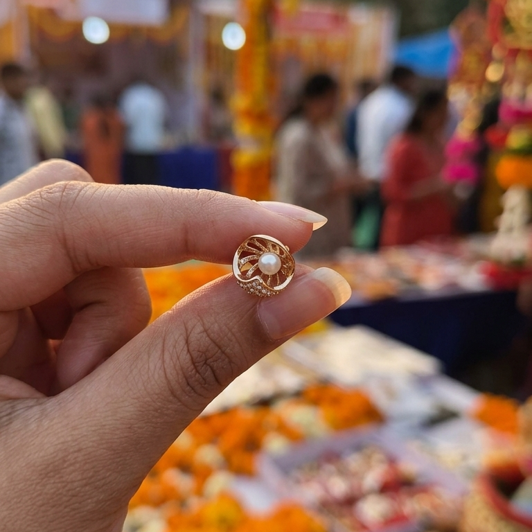 A hand holding a small gold ring with a white pearl-like center, photographed in front of a blurred outdoor market scene at sunset with orange marigolds and people in the background.