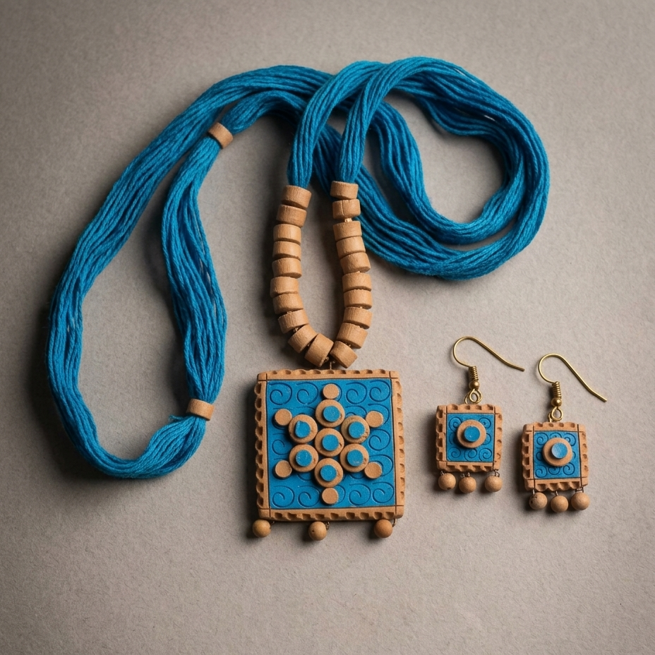 A jewelry set featuring a blue and tan geometric pendant necklace and matching drop earrings, displayed on a neutral textured gray background.
