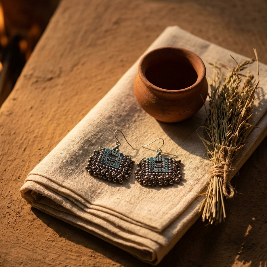 A pair of bohemian-style beaded earrings with turquoise and dark gray details, displayed on a folded beige linen cloth next to a small terracotta cup and dried grass on a rustic brown surface.