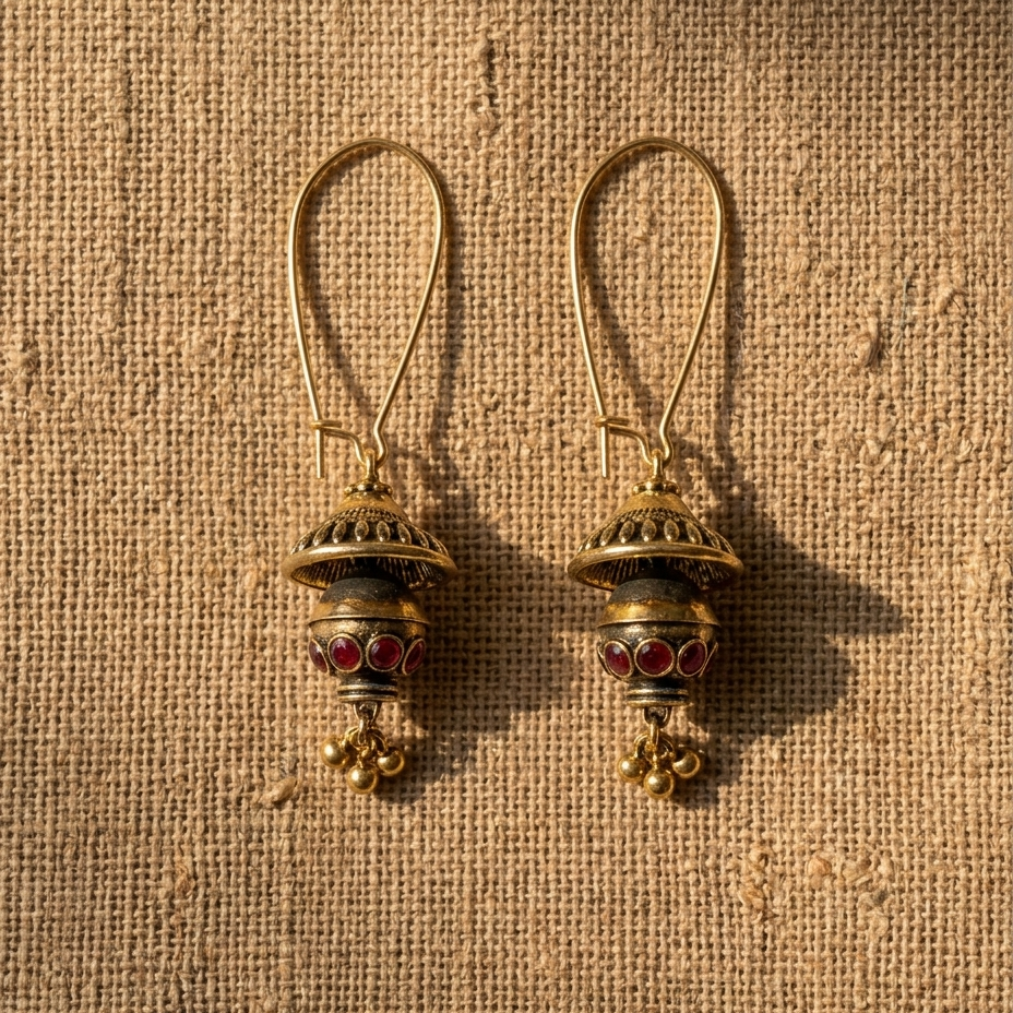 A pair of gold-toned dangle earrings with red and dark enamel detailing, displayed on a textured beige burlap background.