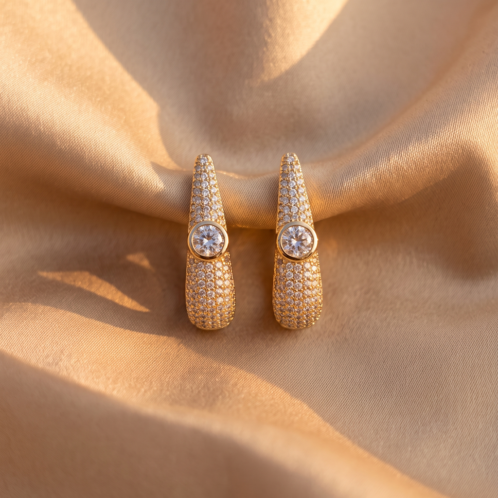 A pair of gold-toned drop earrings with pavé-set clear stones and a central round clear gemstone, displayed on draped champagne satin fabric.