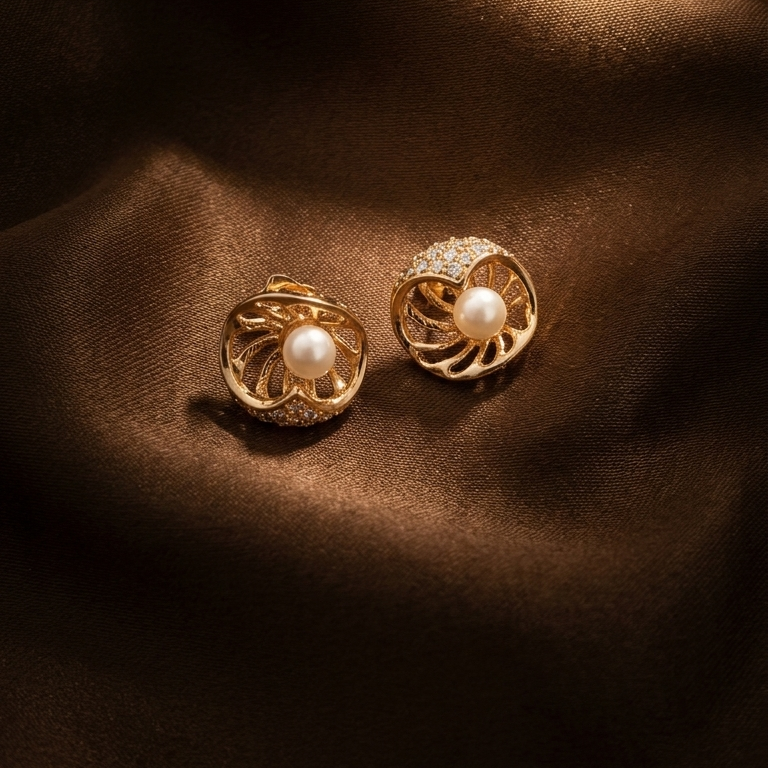 A pair of gold-toned stud earrings with a central white pearl and a halo of small clear stones, displayed on draped dark brown satin fabric.