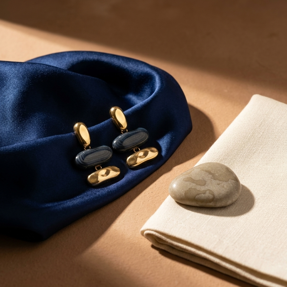 A pair of gold and dark blue drop earrings displayed on a navy blue satin fabric, styled with a beige linen napkin and a smooth stone on a warm brown background.