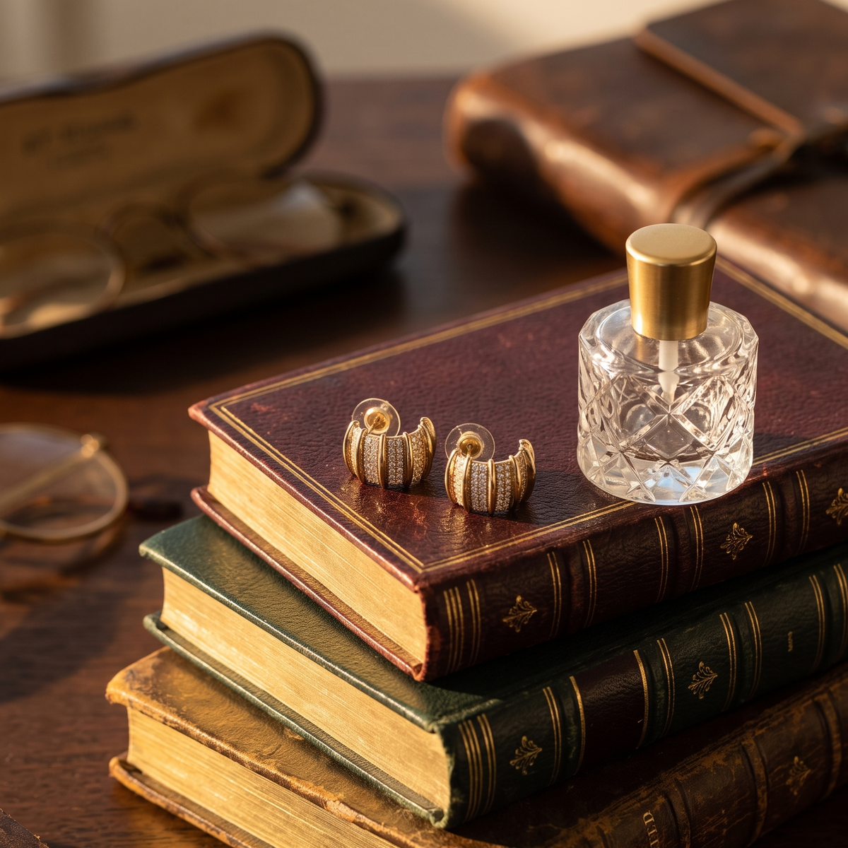 A pair of gold cufflinks with textured woven detailing rest on a stack of vintage leather-bound books next to a small glass perfume bottle. The scene is styled on a wooden table with antique eyeglasses in the background.