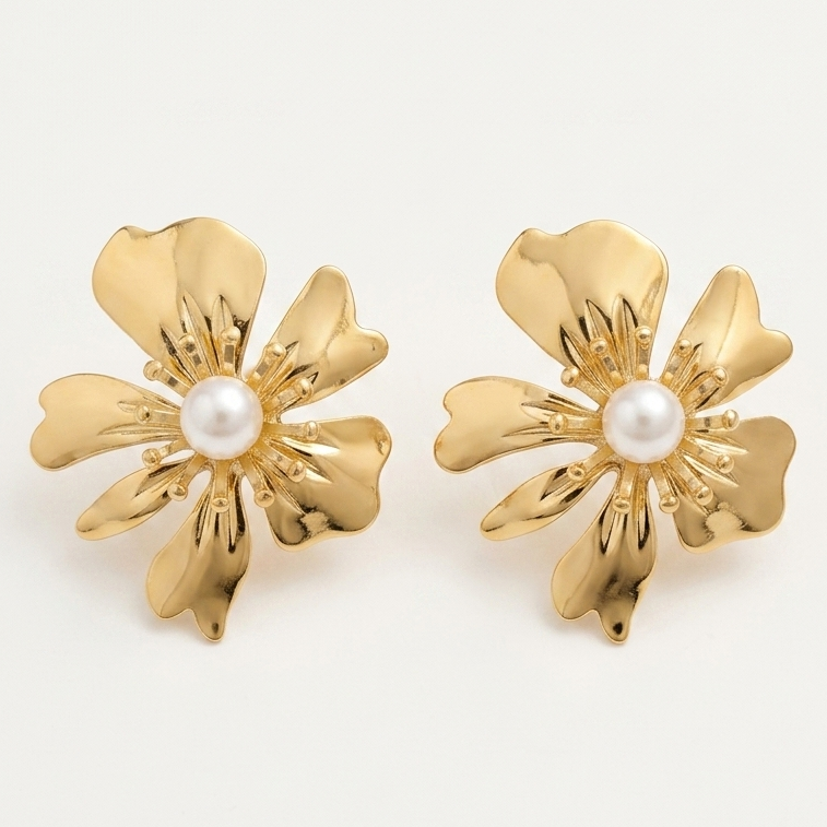 A pair of gold flower-shaped stud earrings with a central white pearl, displayed on a clean off-white background.