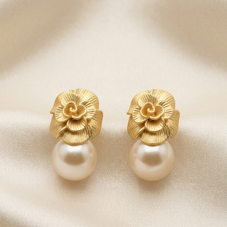 A pair of gold flower stud earrings with a white pearl drop, displayed on a draped beige satin fabric background.