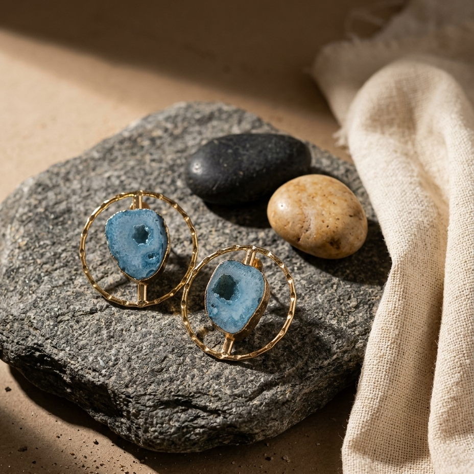 A pair of gold hoop earrings with blue agate stone inlays, styled on a textured gray stone with smooth river stones and a beige linen cloth.