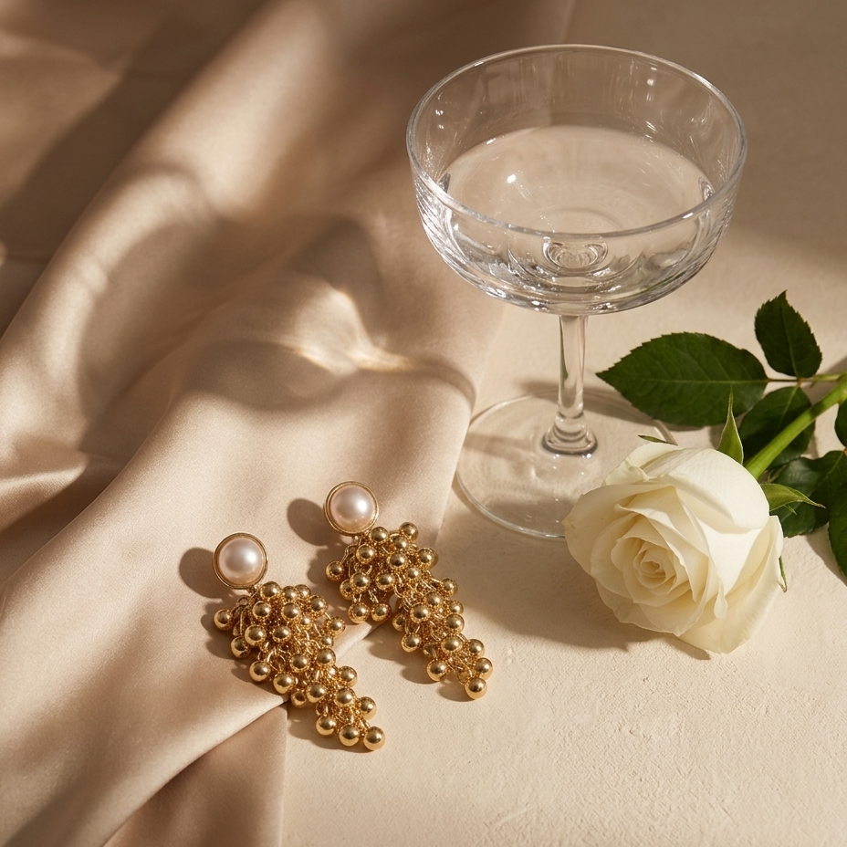 A pair of gold statement earrings with pearl-like round studs and cascading bead clusters, styled on draped champagne satin beside a clear coupe glass and a white rose.
