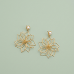 A pair of gold wire flower dangle earrings with small white pearl studs, displayed on a solid pale green background.