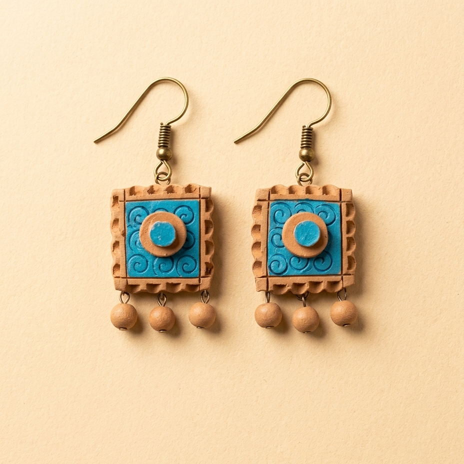 A pair of handmade dangle earrings with square turquoise and terracotta charms, suspended from gold-tone fishhook wires with small bead drops, set against a solid beige background.