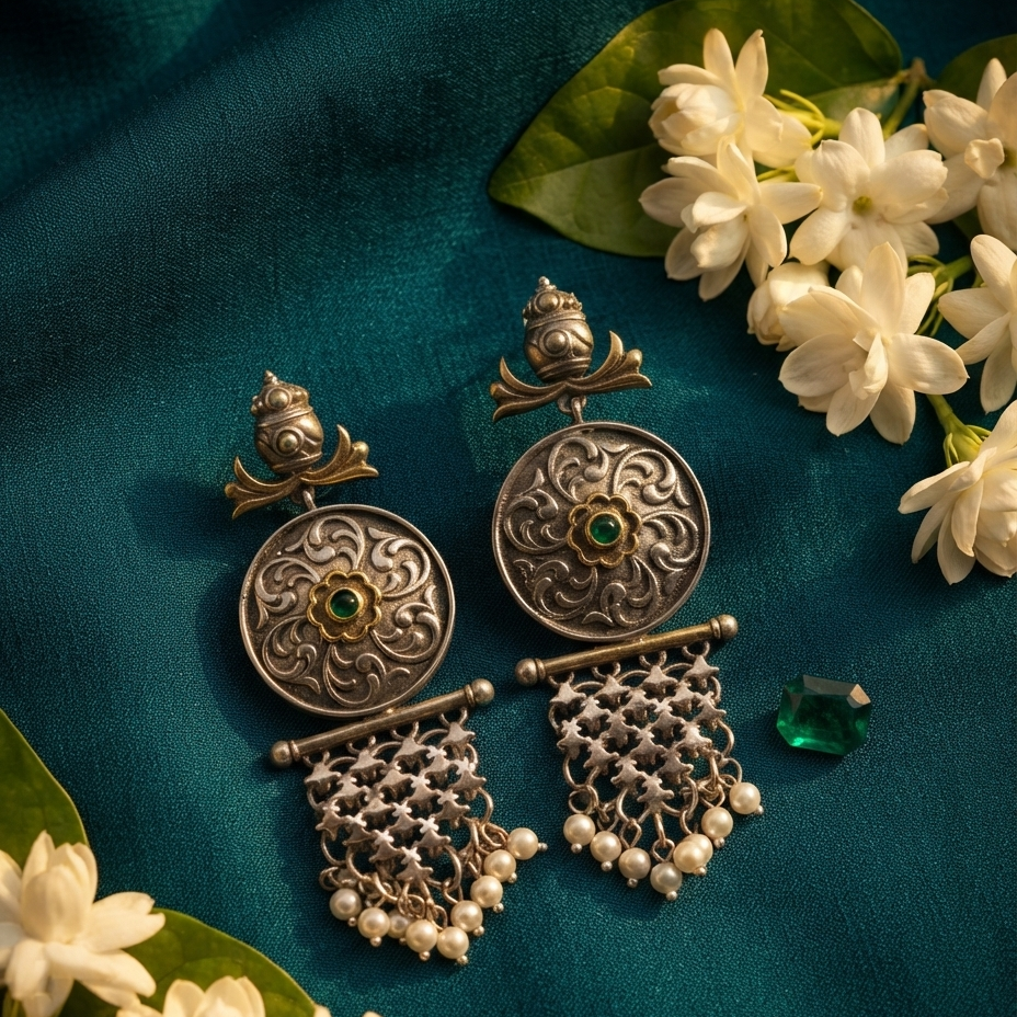 A pair of ornate antique-style silver earrings with circular filigree plates, small green stone centers, and dangling beaded chains, arranged on a deep teal fabric background with white flowers and green leaves.