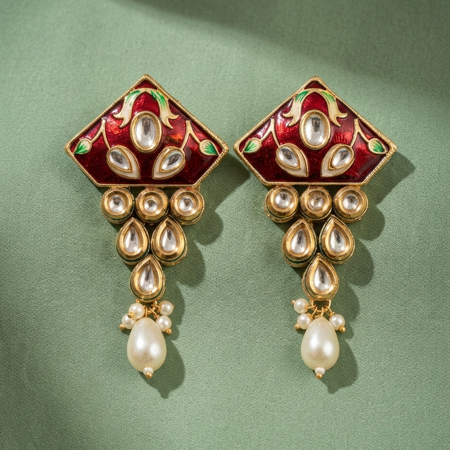 A pair of ornate gold-plated earrings with red enamel, green accents, clear stone details, and dangling white pearls, displayed on a textured sage green background.