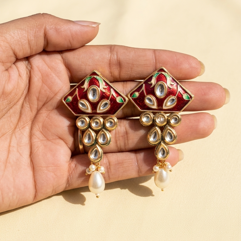 A pair of ornate gold-tone earrings with red enamel, white stones, and dangling pearl-like drops, held in a person's hand against a warm cream background.