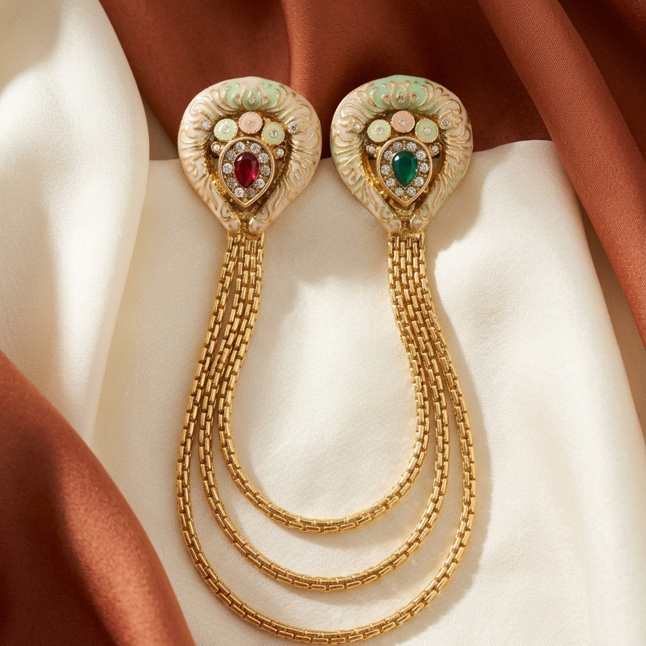 A pair of ornate gold snake-head brooches with multicolored gemstones and dangling chain elements, styled on draped cream and rust-colored satin fabric.