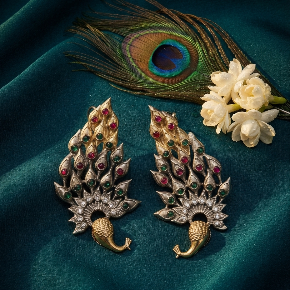 A pair of ornate peacock-inspired brooches in gold and silver-tone metal, embellished with red and green stones and small clear crystals, displayed on draped teal fabric with a peacock feather and white flowers.