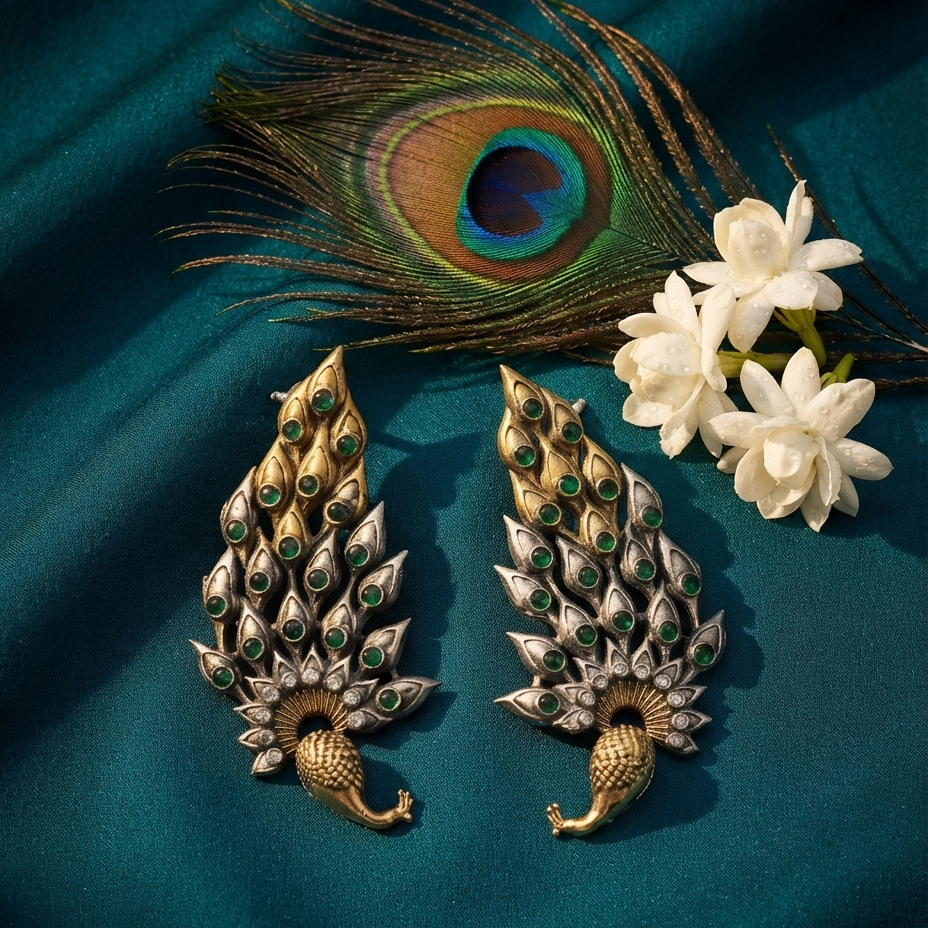 A pair of ornate peacock-inspired earrings with gold and silver-toned metalwork, green stone accents, and small clear stones, arranged on a deep teal fabric backdrop with a peacock feather and white flowers.