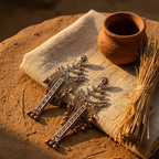 A pair of ornate silver-toned dangle earrings with circular red and white stone studs, hanging from layered chain and bead structures, displayed on a beige cloth over a brown earthen surface beside a small clay pot and a bundle of dried grass.