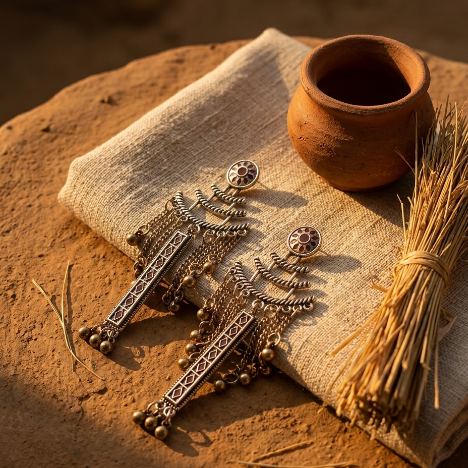 A pair of ornate silver-toned dangle earrings with circular red and white stone studs, hanging from layered chain and bead structures, displayed on a beige cloth over a brown earthen surface beside a small clay pot and a bundle of dried grass.