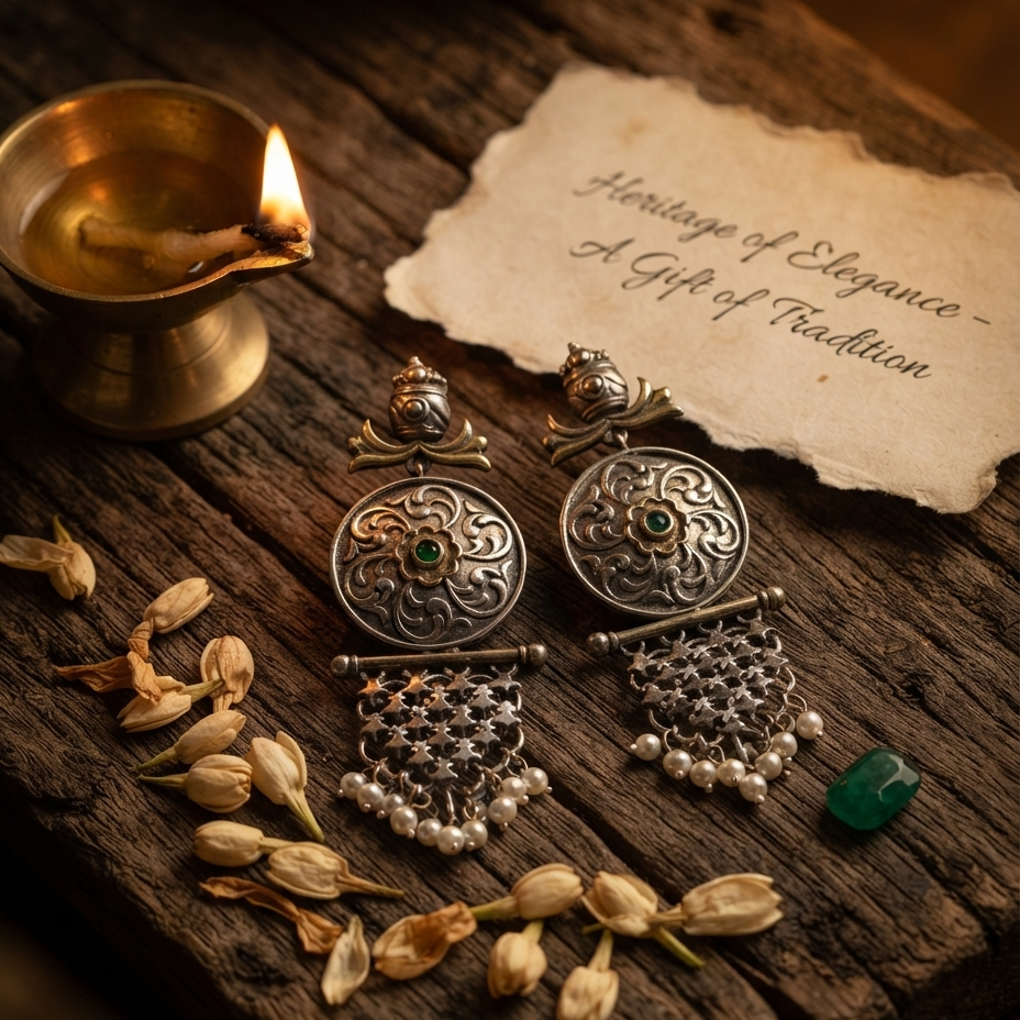 A pair of ornate silver-toned traditional earrings with floral filigree, small green stone accents, and dangling pearl-like beads, displayed on a rustic wooden surface beside a lit brass oil lamp, dried flower buds, and a paper note reading 'Heritage of Elegance - A Gift of Tradition'.