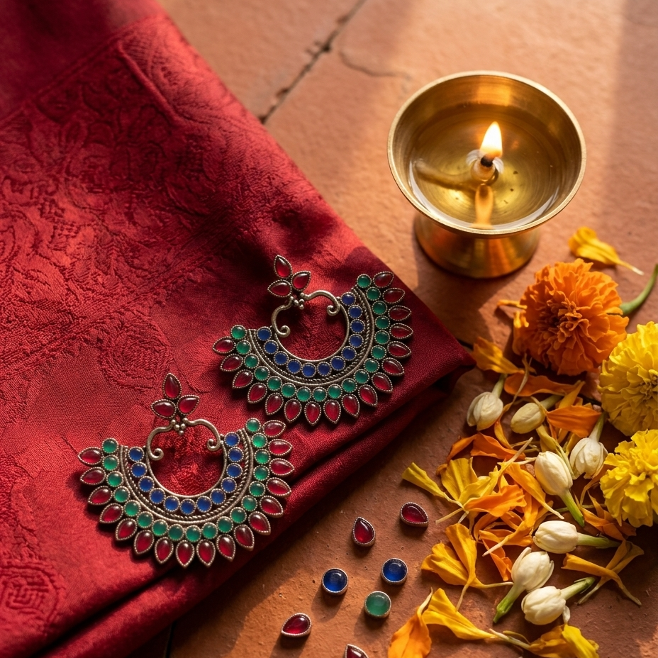 A pair of ornate silver crescent-shaped earrings embellished with red, green, and blue stones, displayed on a red patterned fabric next to a lit brass diya, marigold flowers, and small loose gemstones on a terracotta surface.