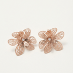 A pair of rose gold flower-shaped stud earrings with delicate filigree petals and a small clear crystal in the center, displayed on a clean off-white background.