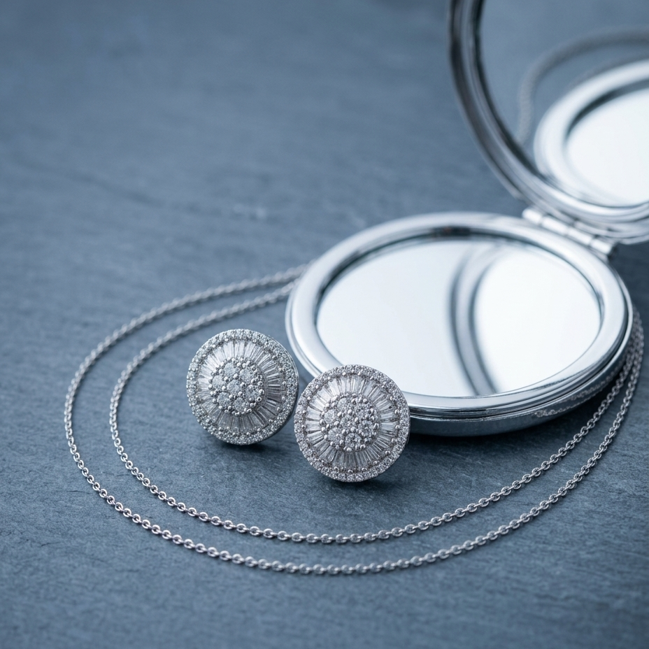 A pair of round silver-toned stud earrings with intricate pavé detailing, displayed next to a silver chain and an open compact mirror on a textured slate surface.