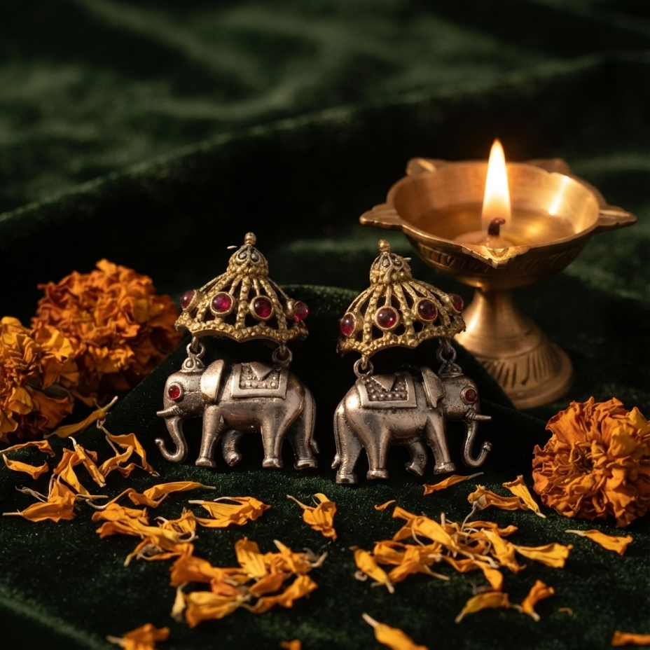 A pair of silver-toned elephant earrings with ornate gold-toned crowns and red gemstone accents, displayed on a dark green velvet cloth with scattered orange flower petals, a lit diya, and marigold flowers.