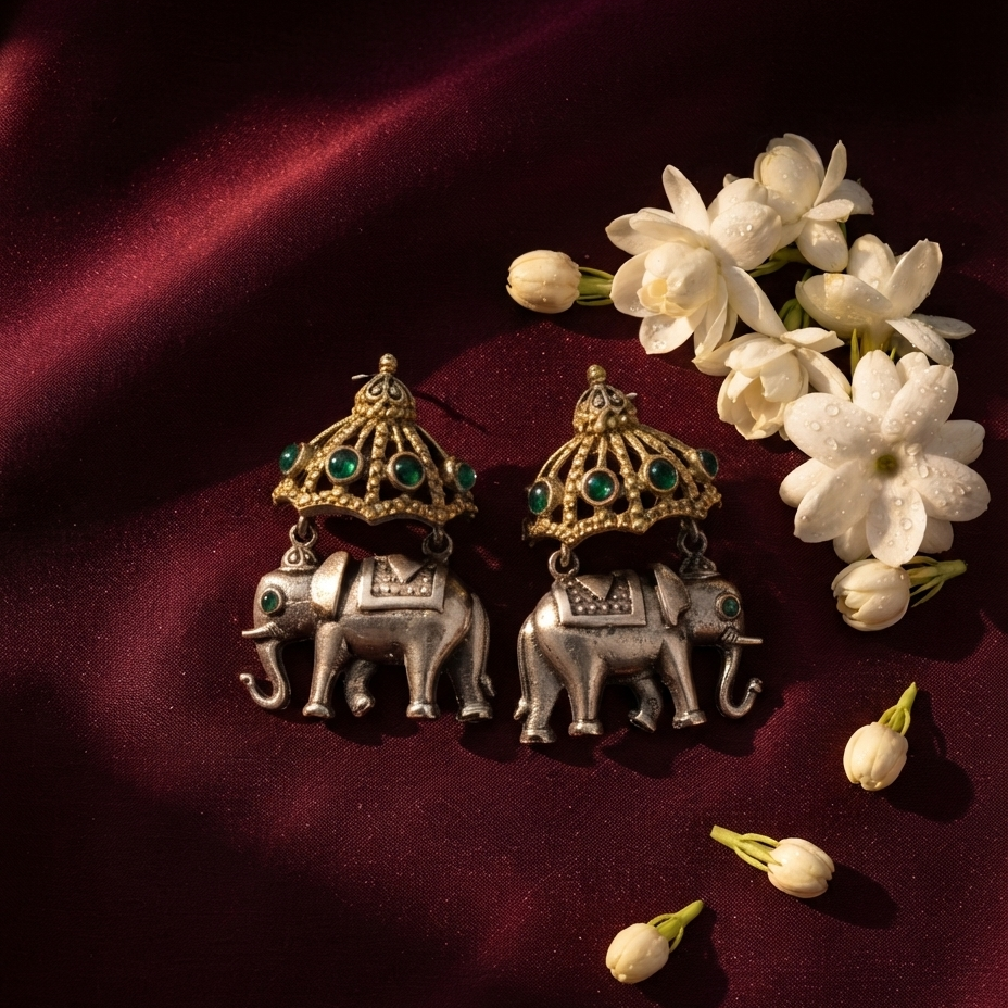 A pair of silver-toned elephant earrings with ornate gold-toned umbrellas and green stone accents, arranged on a deep burgundy satin fabric beside white flowers.