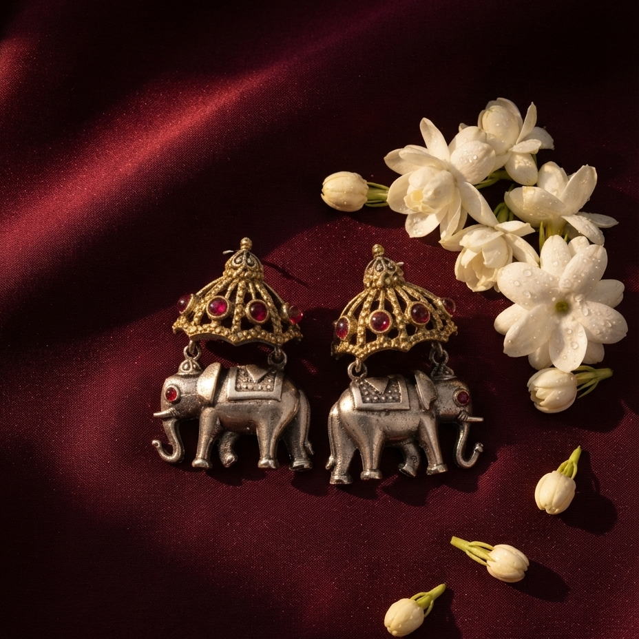 A pair of silver-toned elephant earrings with ornate gold-toned umbrellas and red stone accents, arranged on deep burgundy fabric beside white flowers.