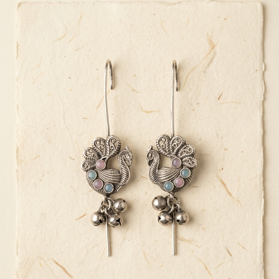 A pair of silver-toned peacock dangle earrings with small pastel gemstone accents and dangling silver bells, displayed on a textured cream-colored card.