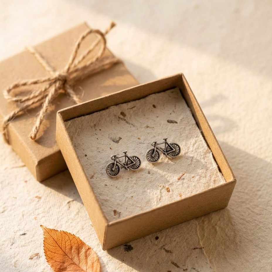A pair of small bicycle-shaped stud earrings in dark metal, displayed inside an open kraft gift box lined with textured paper. A closed matching kraft box with twine sits behind it on a warm beige surface with a single dry leaf nearby.