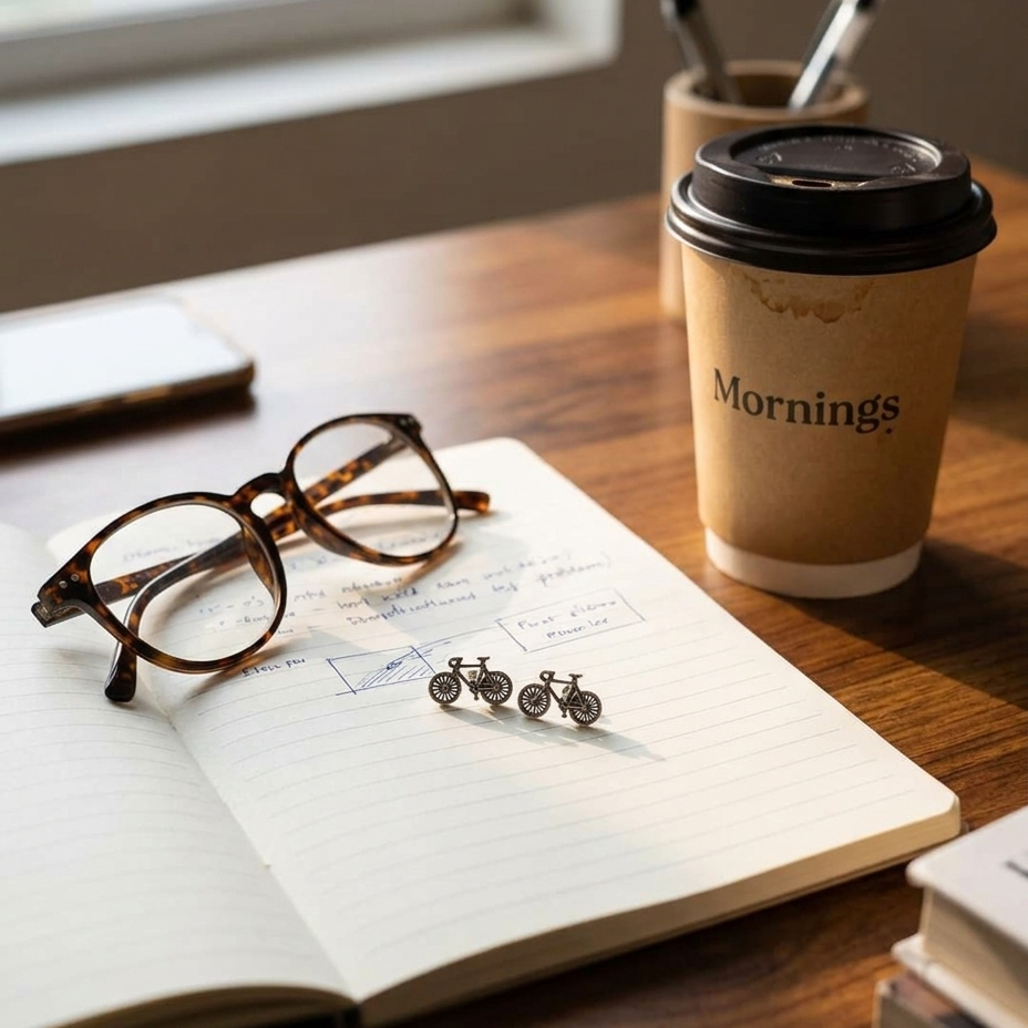 A pair of small silver bicycle-shaped stud earrings rests on an open notebook on a wooden desk, alongside tortoiseshell eyeglasses, a brown paper coffee cup with the word 'Mornings,' and other desk props.