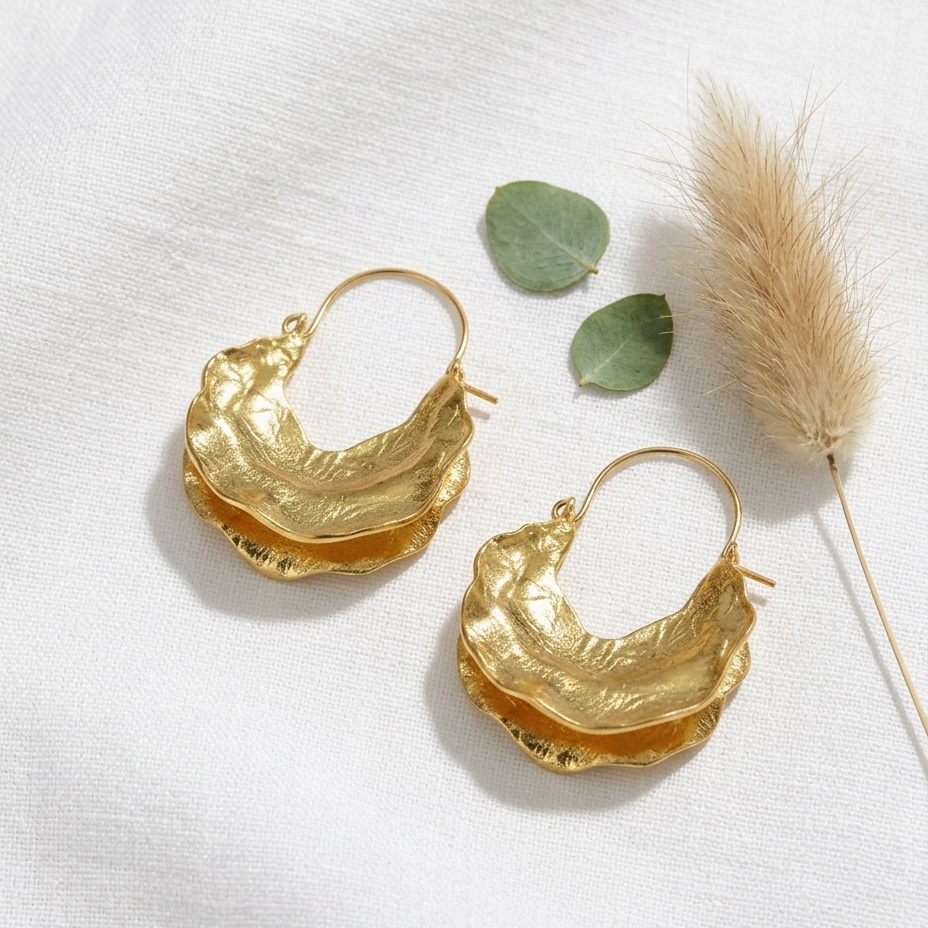 A pair of textured gold crescent hoop earrings with a layered, leaf-like design, displayed on a white fabric background with decorative green leaves and a dried grass stem.