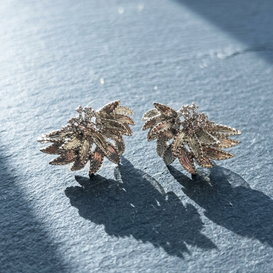 A pair of textured metallic leaf-shaped earrings with small clear stones, displayed on a slate surface with strong sunlight and shadows.