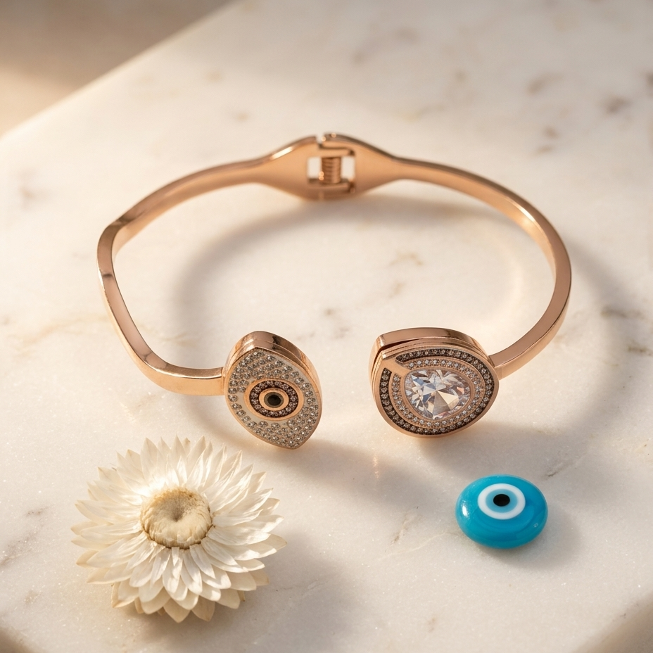 A rose gold cuff bracelet with two circular evil eye charms, one set with a clear crystal and the other with a dark stone, displayed on a white marble surface next to a small blue evil eye bead and a white flower.