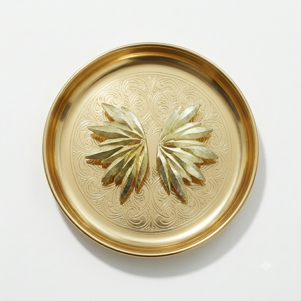 A round gold-toned metal tray with a raised decorative border and a symmetrical leaf-like motif in the center, photographed from above on a plain white background.