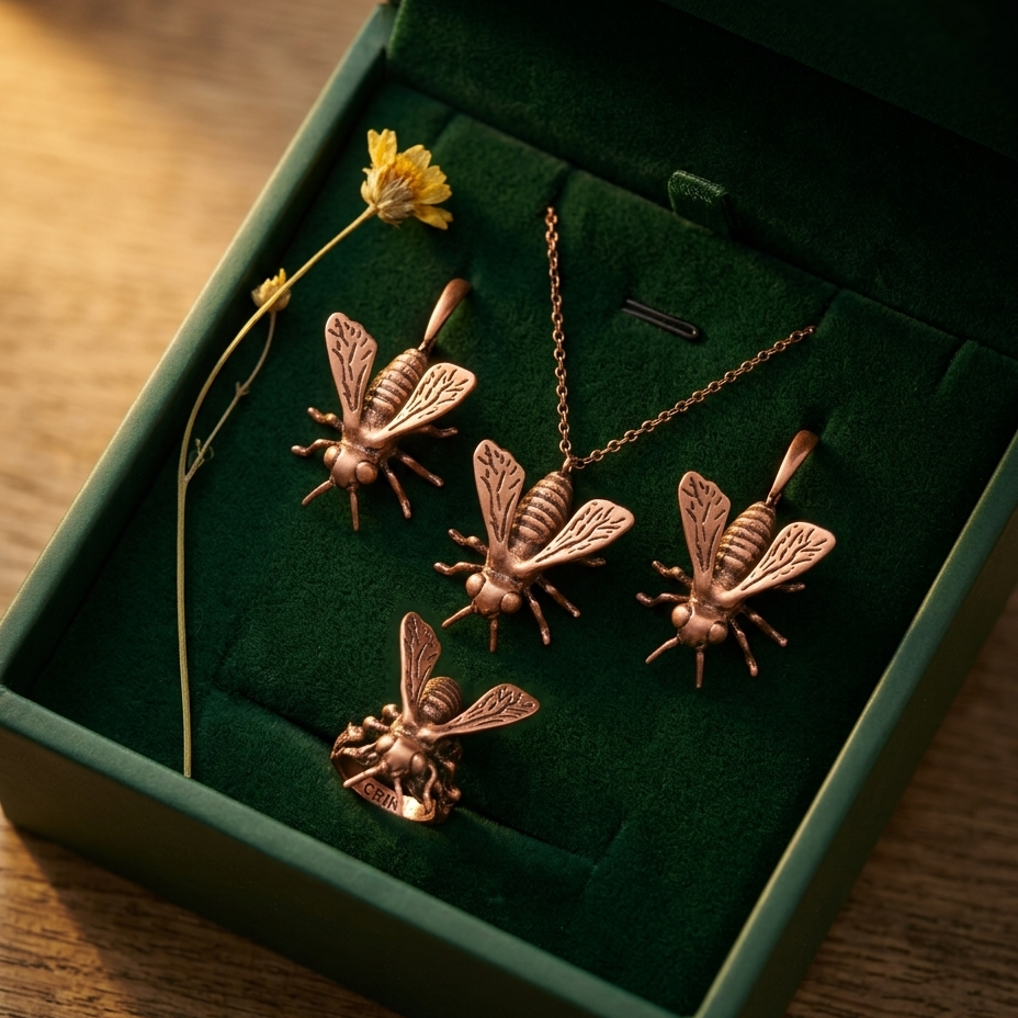 A set of four bronze bee-themed jewelry pieces, including a pendant necklace, two earrings, and a ring, displayed inside a dark green velvet jewelry box on a wooden surface.