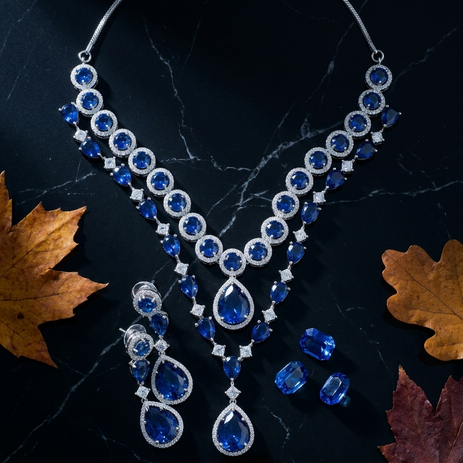 A silver-toned statement necklace with matching drop earrings, featuring deep blue teardrop and round gemstones set in silver, displayed on a dark marble surface with autumn leaves.