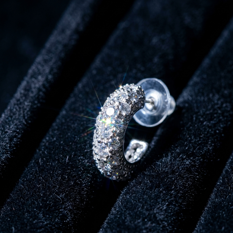 A silver crescent-shaped hoop earring paved with clear stones, displayed on a black velvet jewelry box.