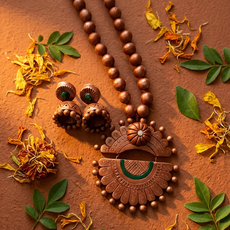 A styled flat-lay of a brown beaded necklace and matching earrings with green stone accents, arranged on a terracotta surface with scattered green leaves and dried yellow flowers.