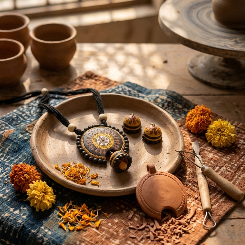 A styled flat-lay of a handmade wooden and metal pendant necklace with a circular sunburst design, displayed on a rustic clay tray alongside matching wooden beads, a small clay pot, and dried orange flowers on a patterned textile.