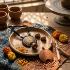 A styled flat-lay of a handmade wooden and metal pendant necklace with a circular sunburst design, displayed on a rustic clay tray alongside matching wooden beads, a small clay pot, and dried orange flowers on a patterned textile.